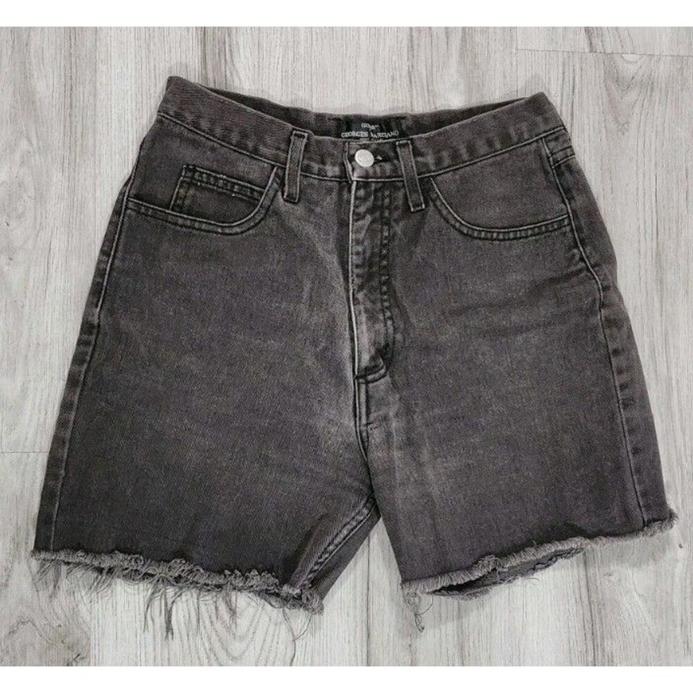 Vintage GUESS Triangle Patch Black Denim High Rise Cutoff Jean Shorts Sz 29 USA